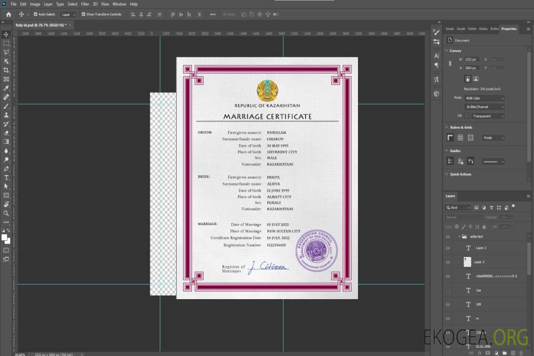 Modèle PSD de certificat de mariage du Kazakhstan template Modèle PSD de certificat de mariage du Kazakhstan template